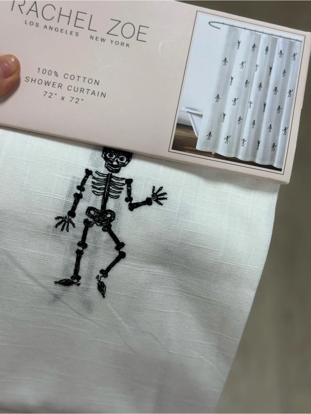 Rachel Zoe White Cotton Shower Curtain with Black Skeleton Embroidery
